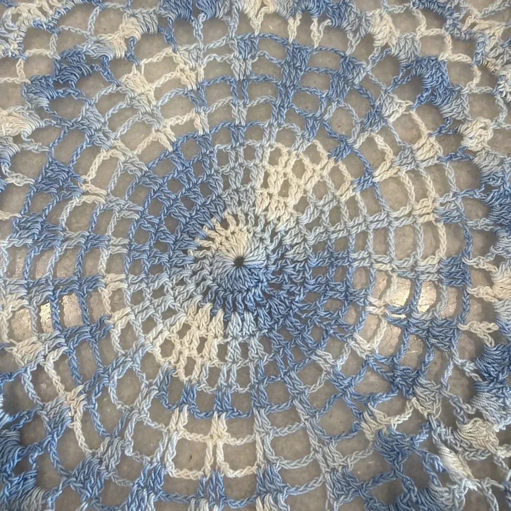 Vintage Hand Crocheted Doily Baby Blue And White